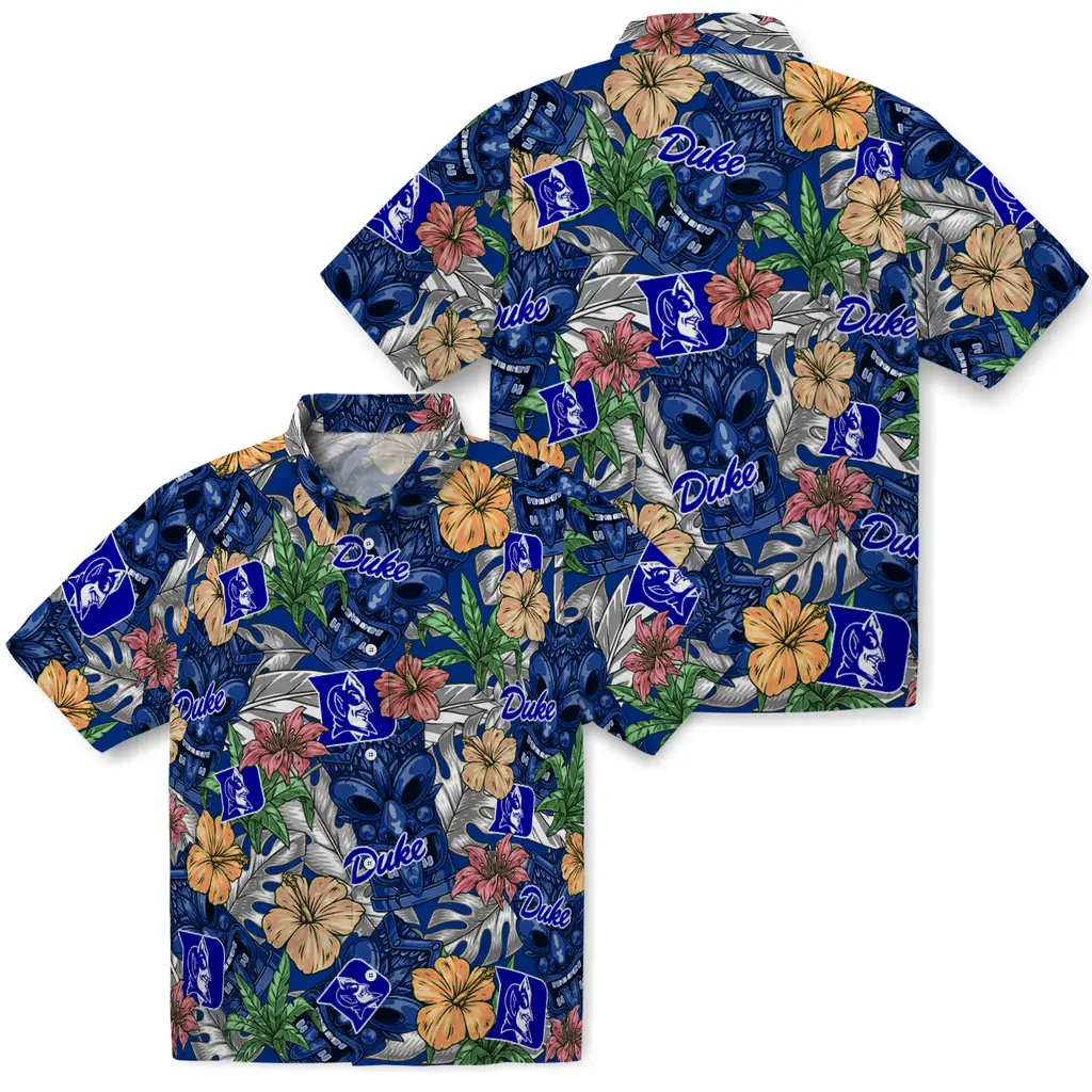 Duke Blue Devils Hawaiian Shirt - Hibiscus Tiki Jungle duke blue devils tiki jungle blue hawaiian shirts high quality