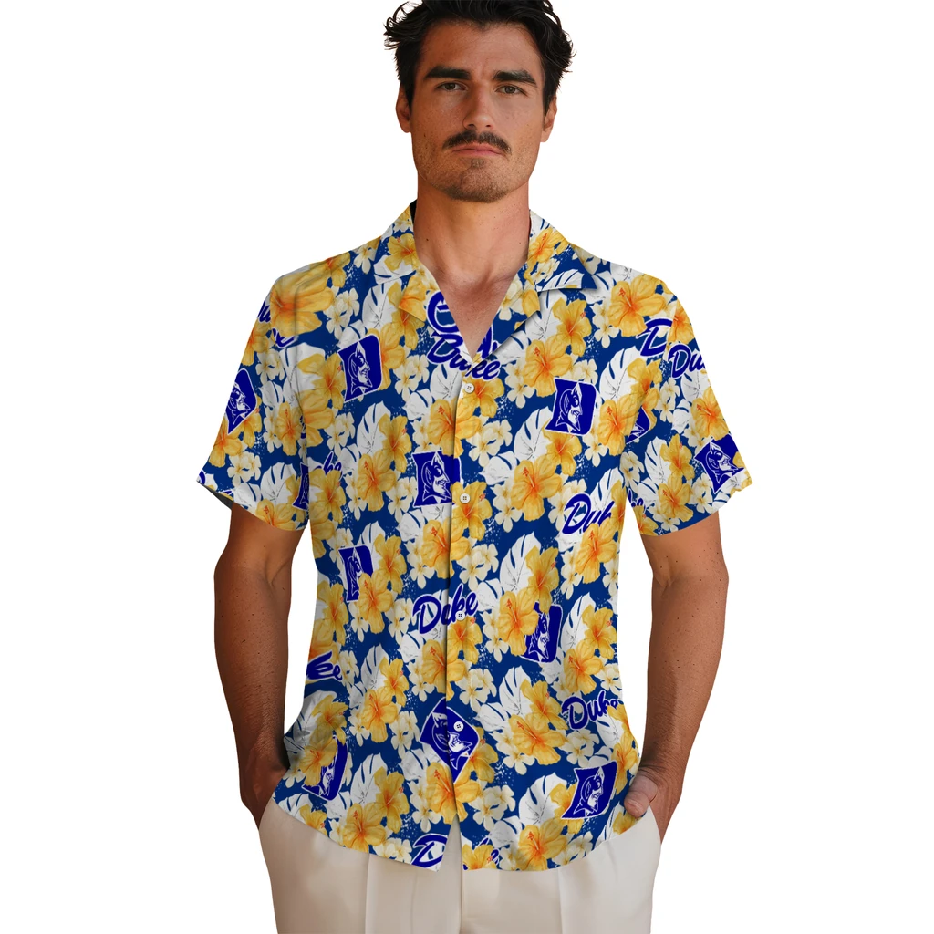 Duke Blue Devils Hawaiian Shirt - Hibiscus Tropics duke blue devils hibiscus tropics blue yellow hawaiian shirts fashion forward