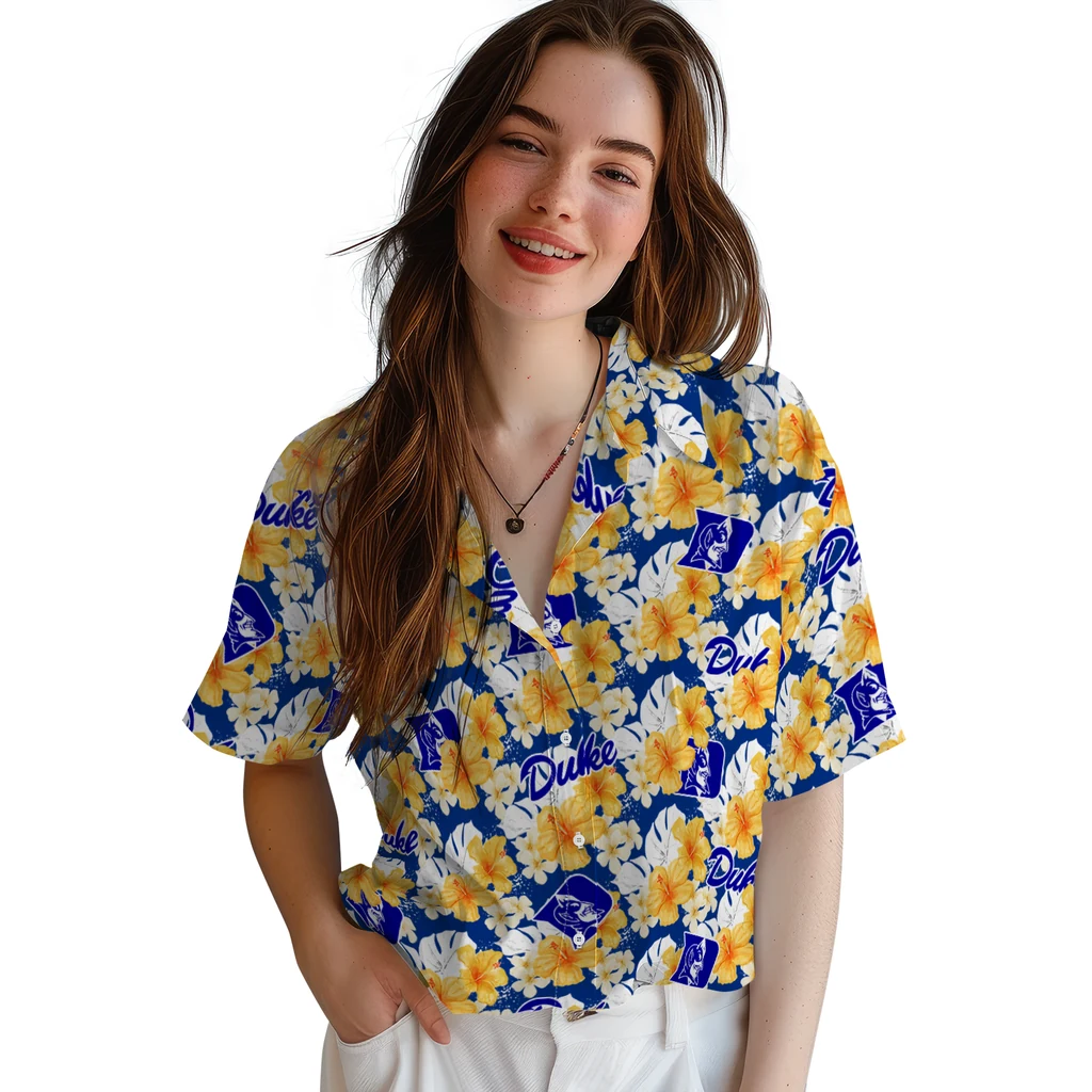 Duke Blue Devils Hawaiian Shirt - Hibiscus Tropics duke blue devils hibiscus tropics blue yellow hawaiian shirts latest model