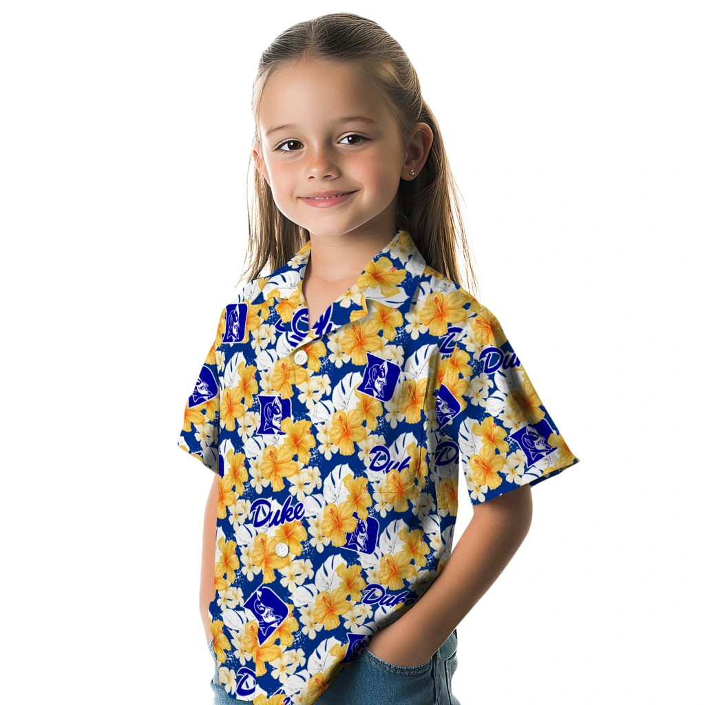 Duke Blue Devils Hawaiian Shirt - Hibiscus Tropics duke blue devils hibiscus tropics blue yellow hawaiian shirts premium grade