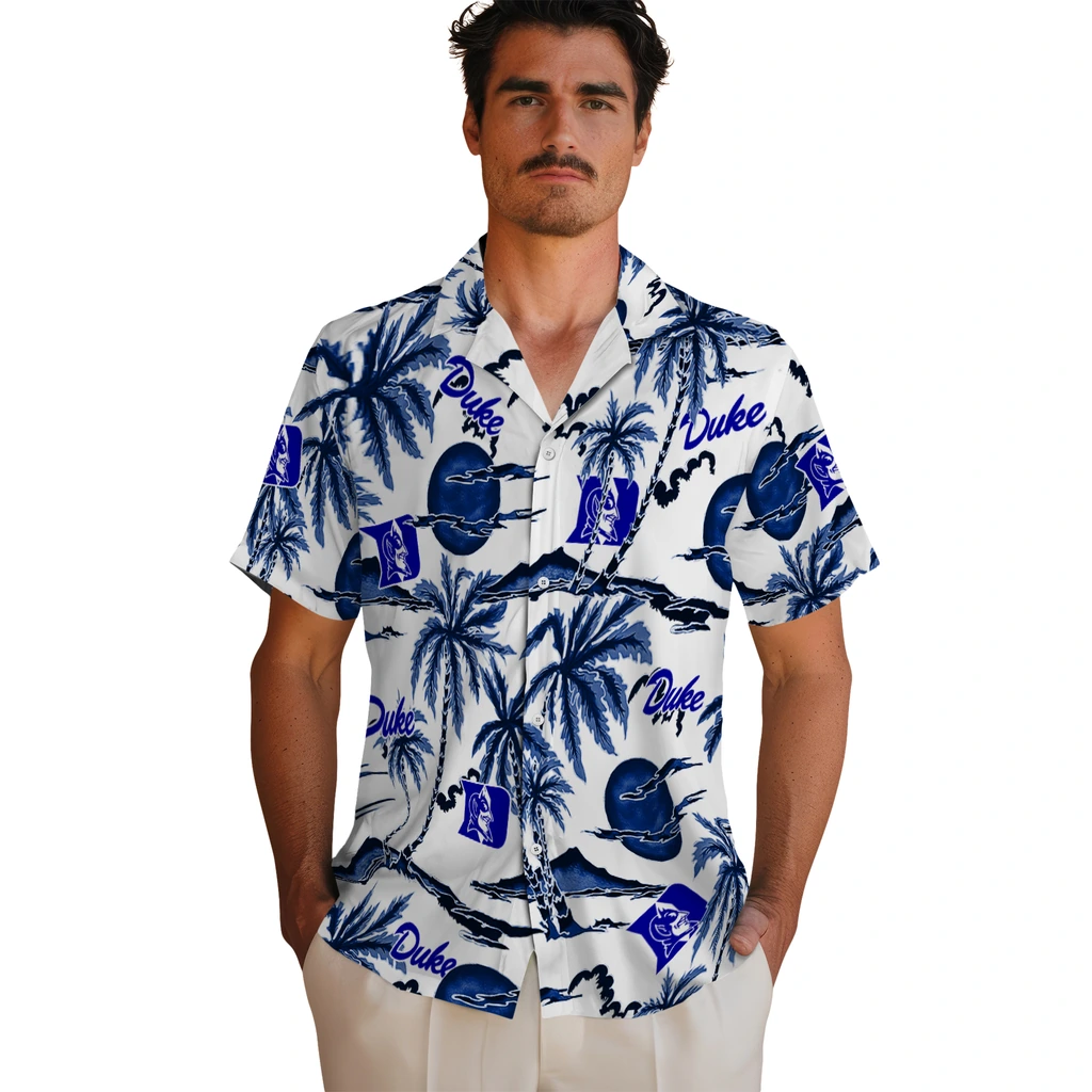 Duke Blue Devils Hawaiian Shirt - Palm Sunset duke blue devils palm sunset hawaiian shirts fashion forward