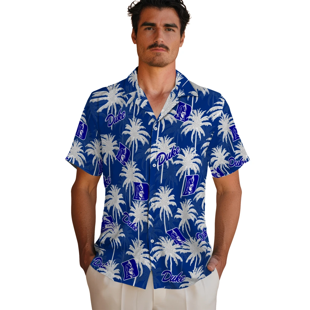 Duke Blue Devils Hawaiian Shirt - Palm Tree Motif duke blue devils palm grove blue hawaiian shirts fashion forward