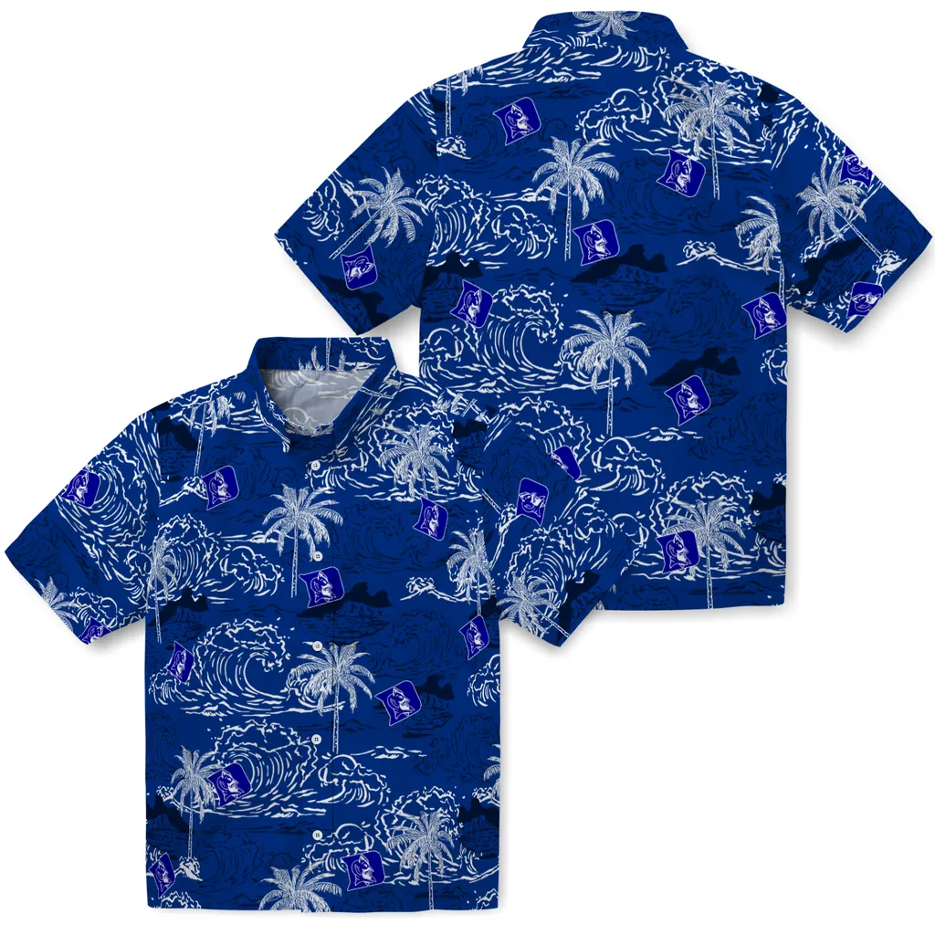 Duke Blue Devils Hawaiian Shirt - Wave Palm duke blue devils wave palm blue hawaiian shirts high quality
