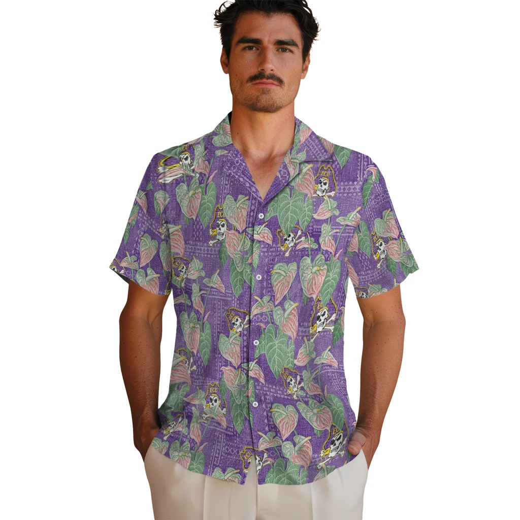 East Carolina Pirates Hawaiian Shirt - Anthurium Overlay east carolina pirates anthurium overlay purple hawaiian shirts fashion forward