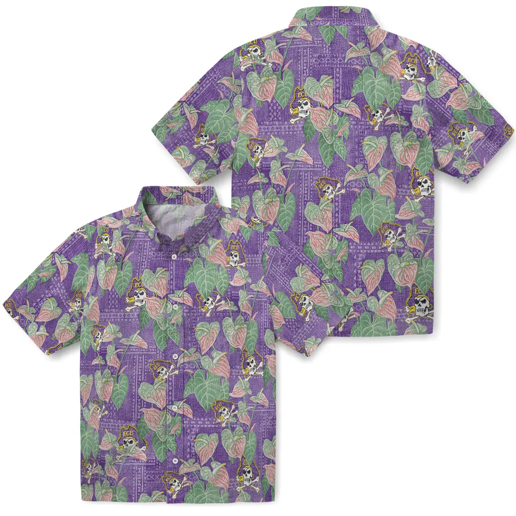 East Carolina Pirates Hawaiian Shirt - Anthurium Overlay east carolina pirates anthurium overlay purple hawaiian shirts high quality