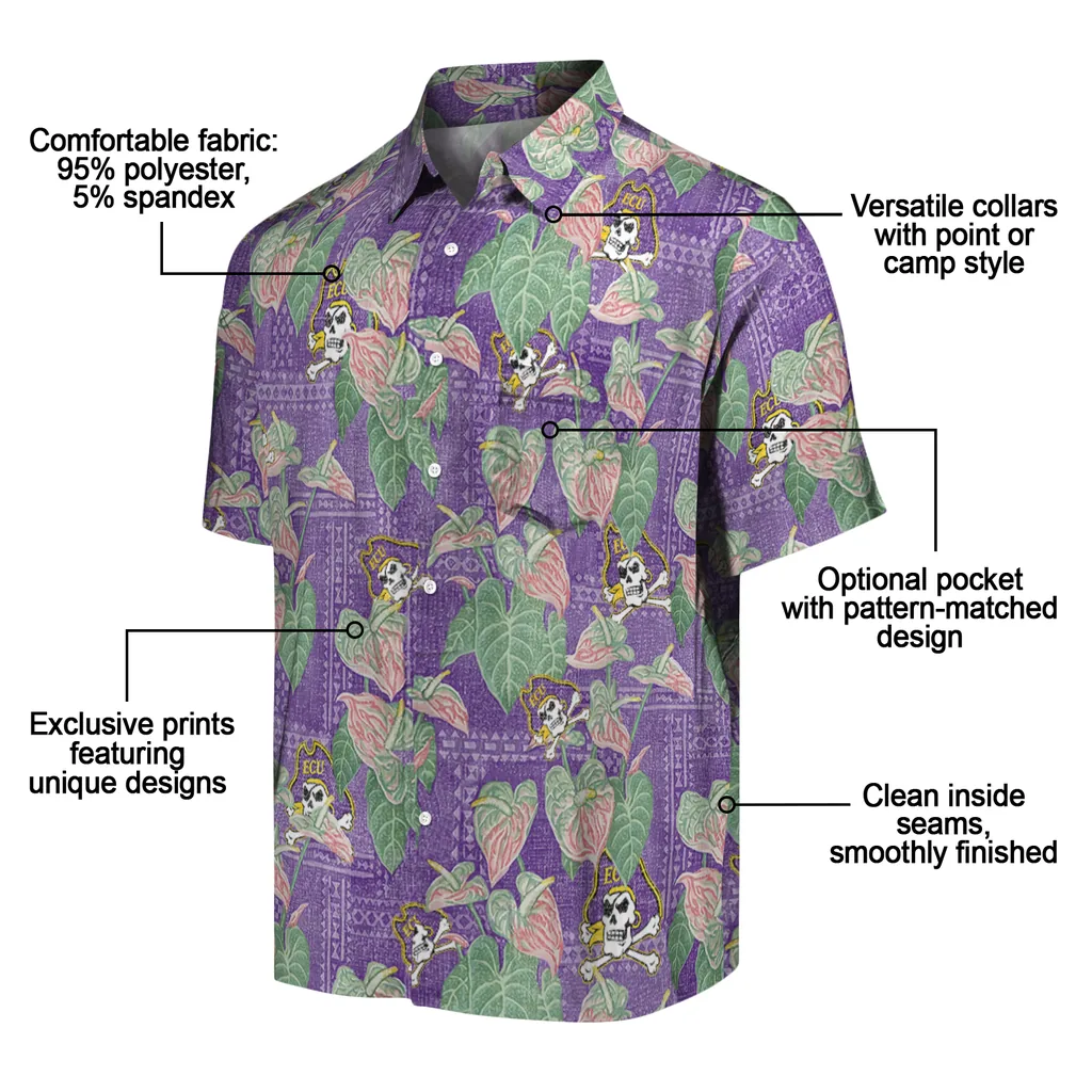 East Carolina Pirates Hawaiian Shirt - Anthurium Overlay east carolina pirates anthurium overlay purple hawaiian shirts new arrival