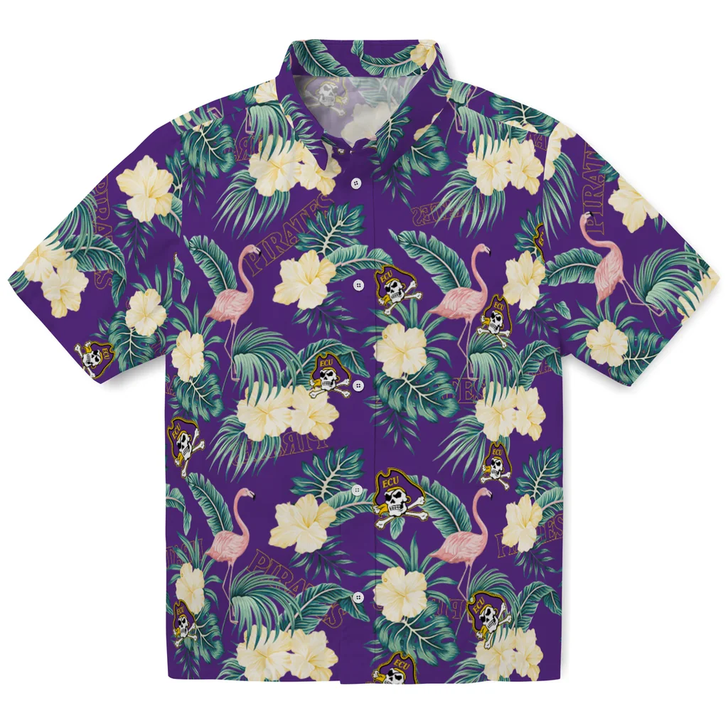 East Carolina Pirates Hawaiian Shirt - Flamingo and Hibiscus east carolina pirates flamingo palms purple hawaiian shirts best selling