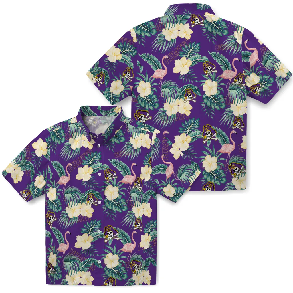 East Carolina Pirates Hawaiian Shirt - Flamingo and Hibiscus east carolina pirates flamingo palms purple hawaiian shirts high quality