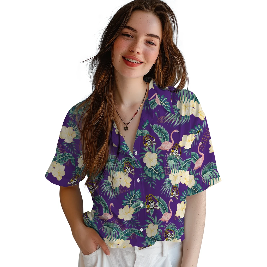 East Carolina Pirates Hawaiian Shirt - Flamingo and Hibiscus east carolina pirates flamingo palms purple hawaiian shirts latest model