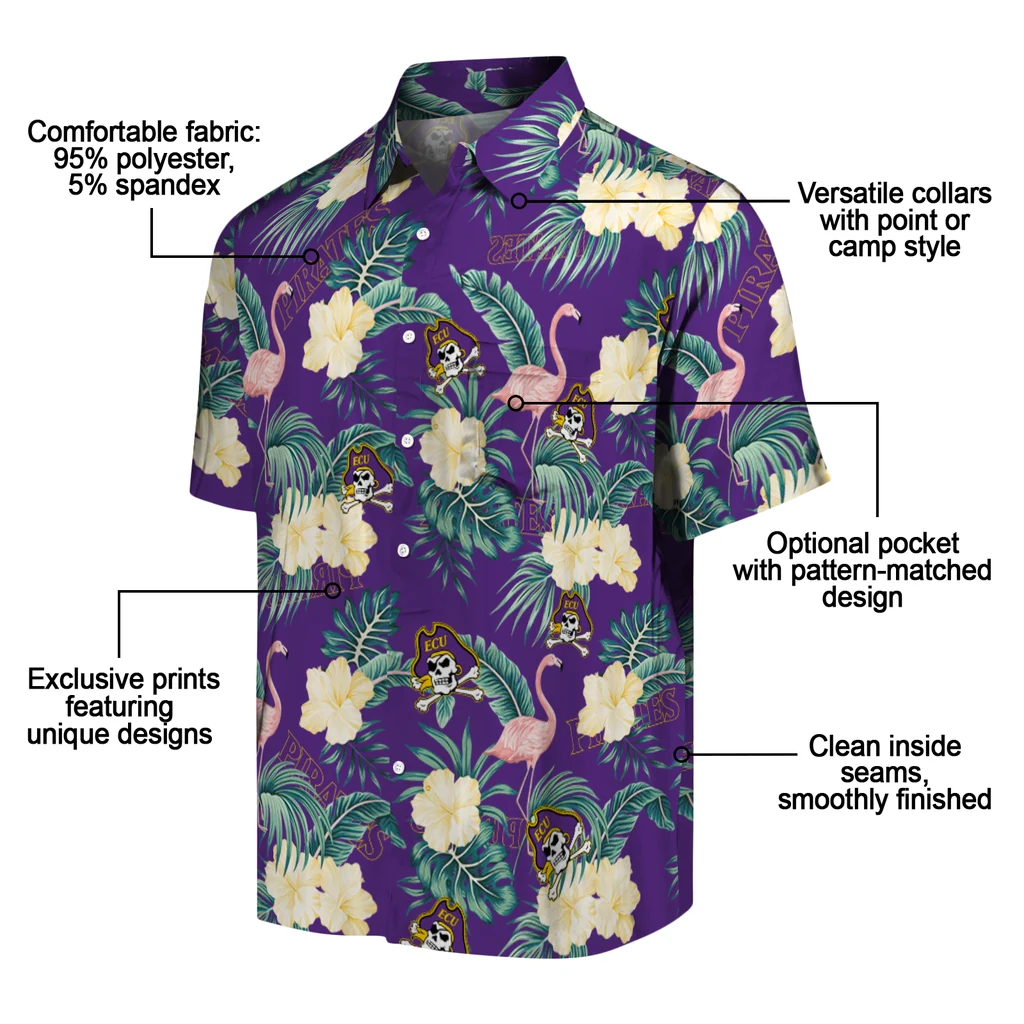East Carolina Pirates Hawaiian Shirt - Flamingo and Hibiscus east carolina pirates flamingo palms purple hawaiian shirts new arrival