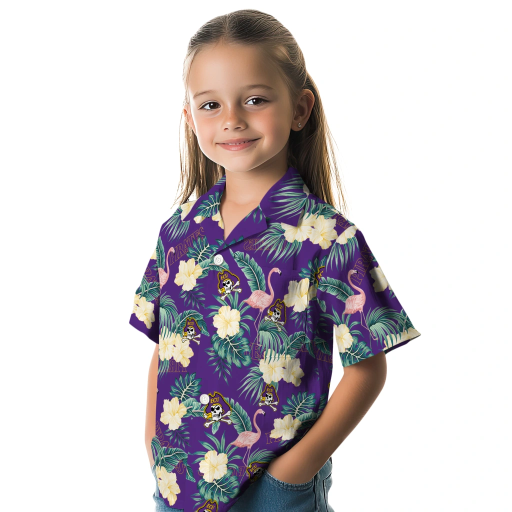 East Carolina Pirates Hawaiian Shirt - Flamingo and Hibiscus east carolina pirates flamingo palms purple hawaiian shirts premium grade