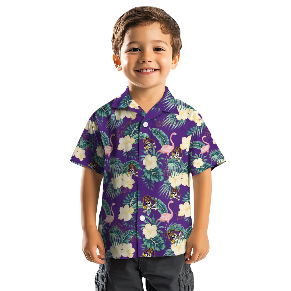 East Carolina Pirates Hawaiian Shirt - Flamingo and Hibiscus east carolina pirates flamingo palms purple hawaiian shirts top rated