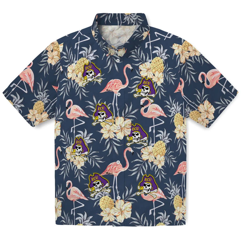 East Carolina Pirates Hawaiian Shirt - Flamingo Hibiscus east carolina pirates flamingo hibiscus navy hawaiian shirts best selling