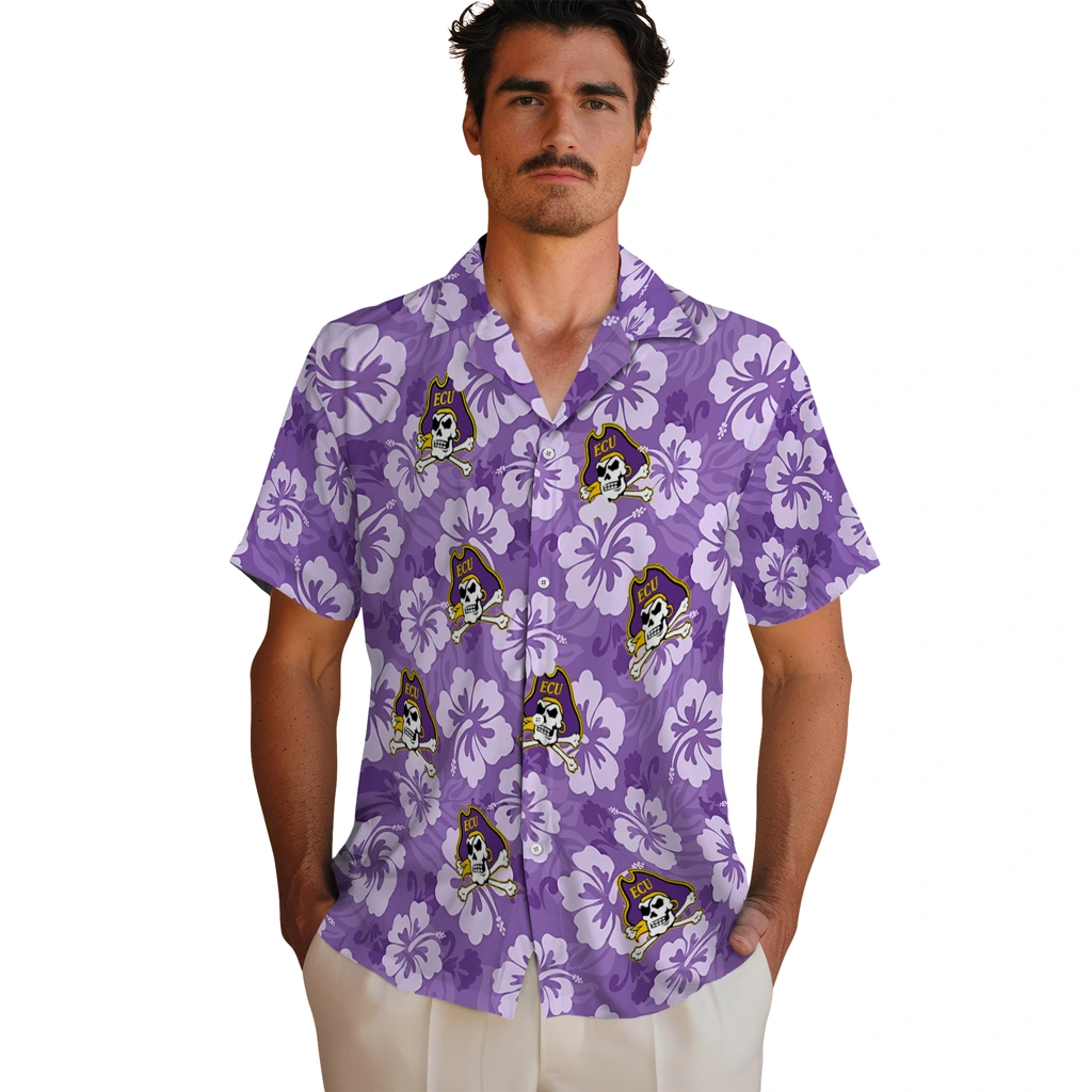 East Carolina Pirates Hawaiian Shirt - Hibiscus Cluster east carolina pirates hibiscus cluster purple hawaiian shirts fashion forward