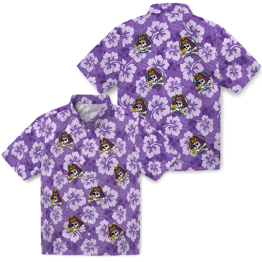East Carolina Pirates Hawaiian Shirt - Hibiscus Cluster east carolina pirates hibiscus cluster purple hawaiian shirts high quality