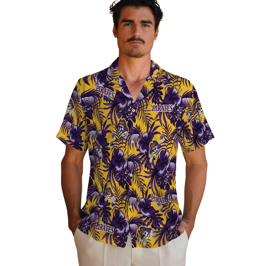 East Carolina Pirates Hawaiian Shirt - Hibiscus Exotic east carolina pirates hibiscus exotic purple hawaiian shirts fashion forward