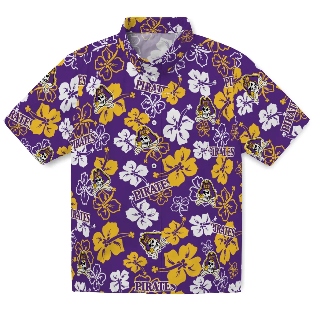 East Carolina Pirates Hawaiian Shirt - Hibiscus Flower Design east carolina pirates hibiscus bloom purple hawaiian shirts best selling