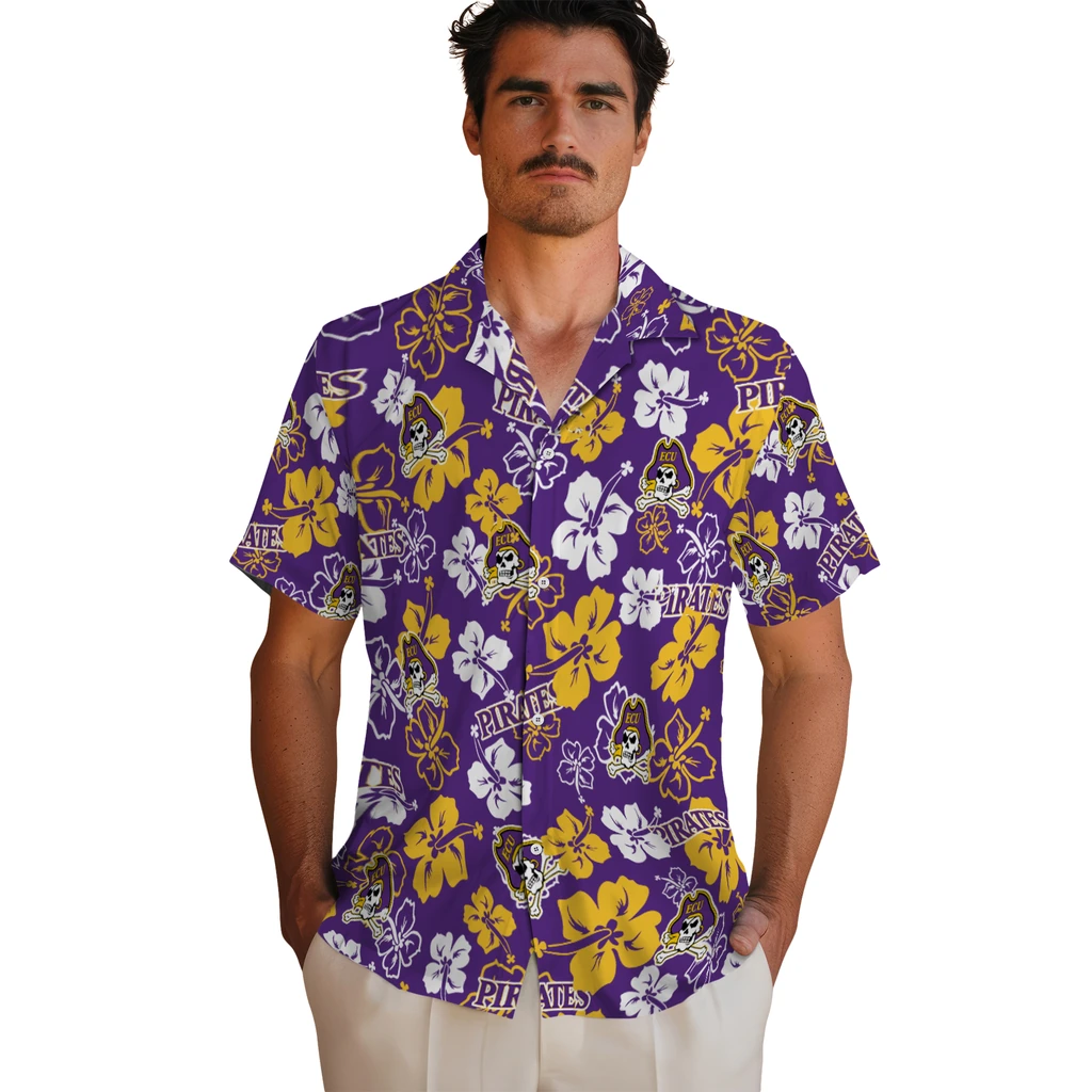 East Carolina Pirates Hawaiian Shirt - Hibiscus Flower Design east carolina pirates hibiscus bloom purple hawaiian shirts fashion forward