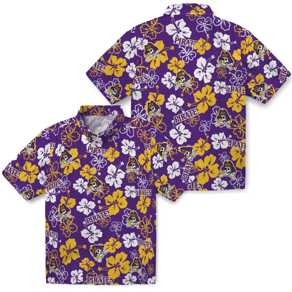 East Carolina Pirates Hawaiian Shirt - Hibiscus Flower Design east carolina pirates hibiscus bloom purple hawaiian shirts high quality
