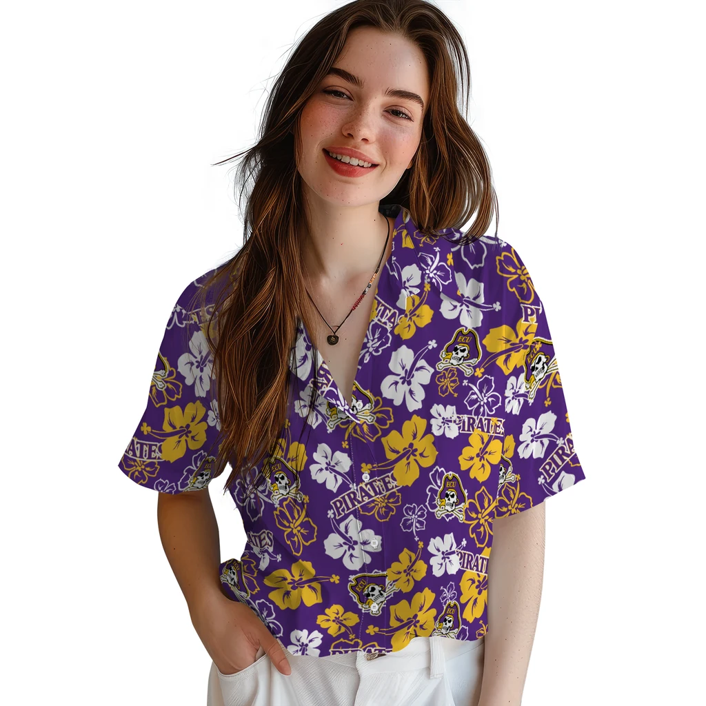 East Carolina Pirates Hawaiian Shirt - Hibiscus Flower Design east carolina pirates hibiscus bloom purple hawaiian shirts latest model