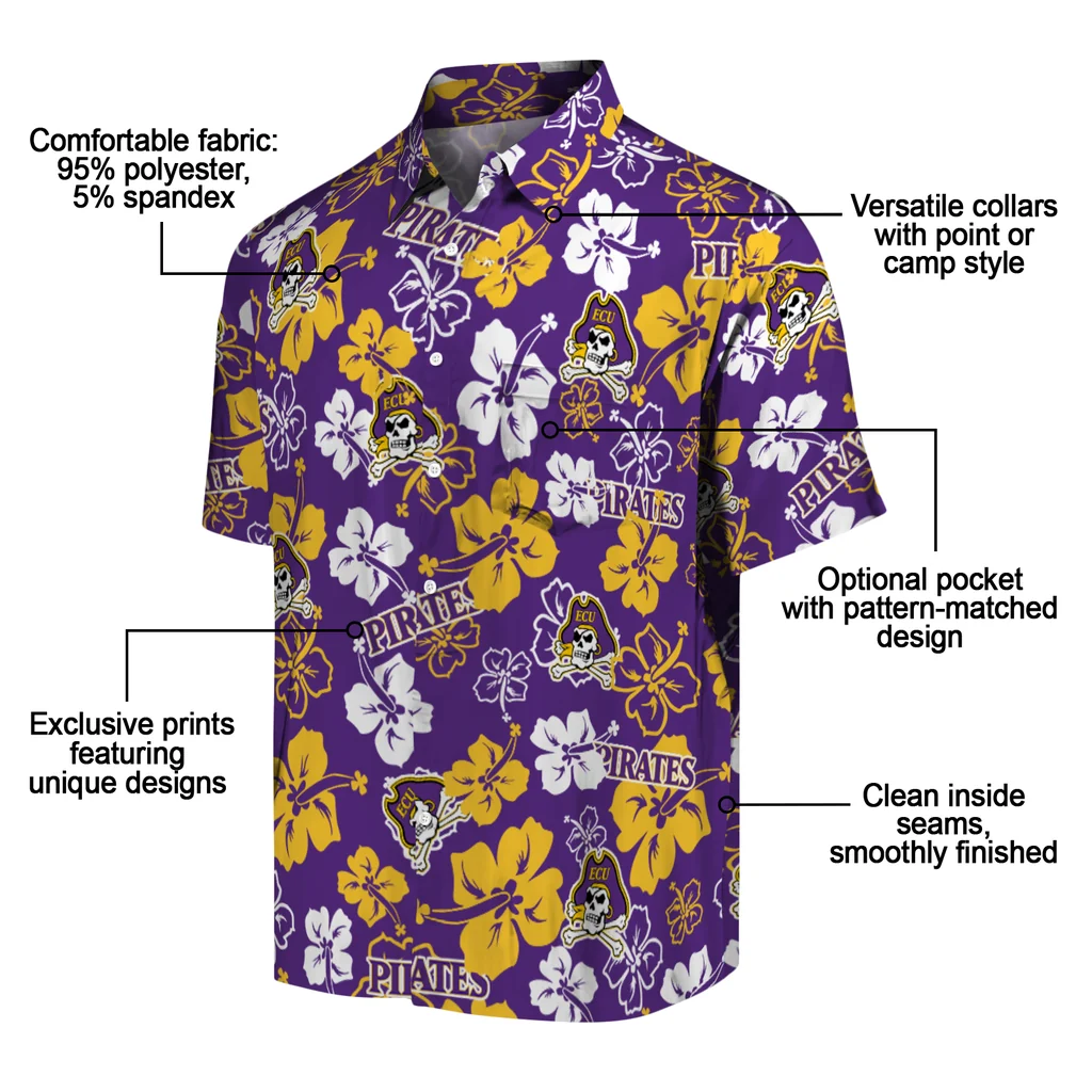 East Carolina Pirates Hawaiian Shirt - Hibiscus Flower Design east carolina pirates hibiscus bloom purple hawaiian shirts new arrival