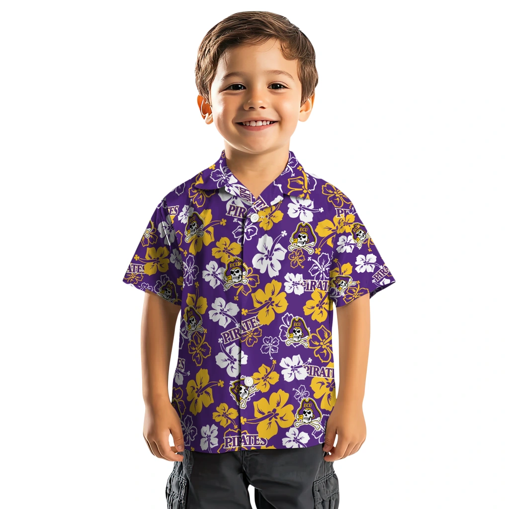 East Carolina Pirates Hawaiian Shirt - Hibiscus Flower Design east carolina pirates hibiscus bloom purple hawaiian shirts top rated