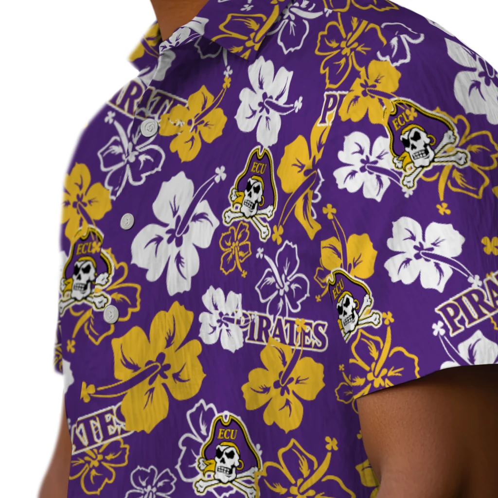 East Carolina Pirates Hawaiian Shirt - Hibiscus Flower Design east carolina pirates hibiscus bloom purple hawaiian shirts trendy