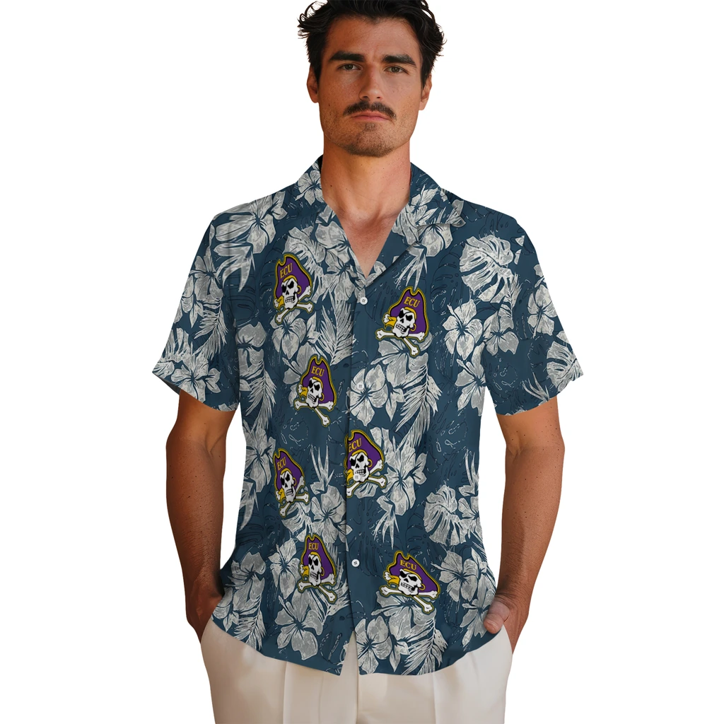 East Carolina Pirates Hawaiian Shirt - Hibiscus Flowers east carolina pirates hibiscus flowers navy blue hawaiian shirts fashion forward