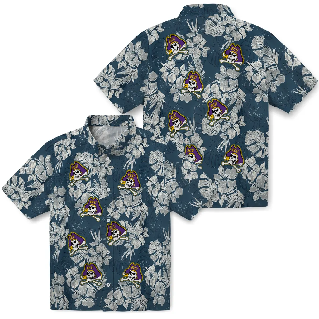 East Carolina Pirates Hawaiian Shirt - Hibiscus Flowers east carolina pirates hibiscus flowers navy blue hawaiian shirts high quality