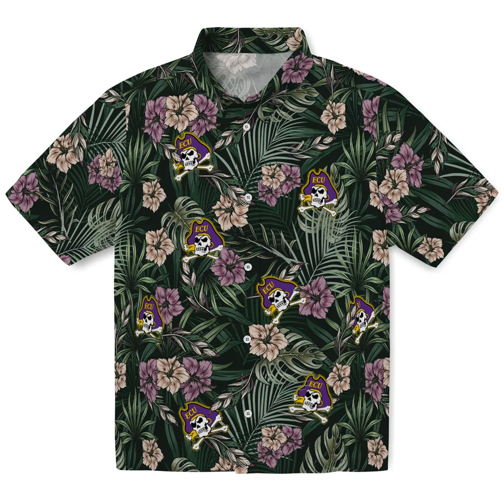 East Carolina Pirates Hawaiian Shirt - Hibiscus Leaves Pattern east carolina pirates hibiscus leaves pattern green hawaiian shirts best selling