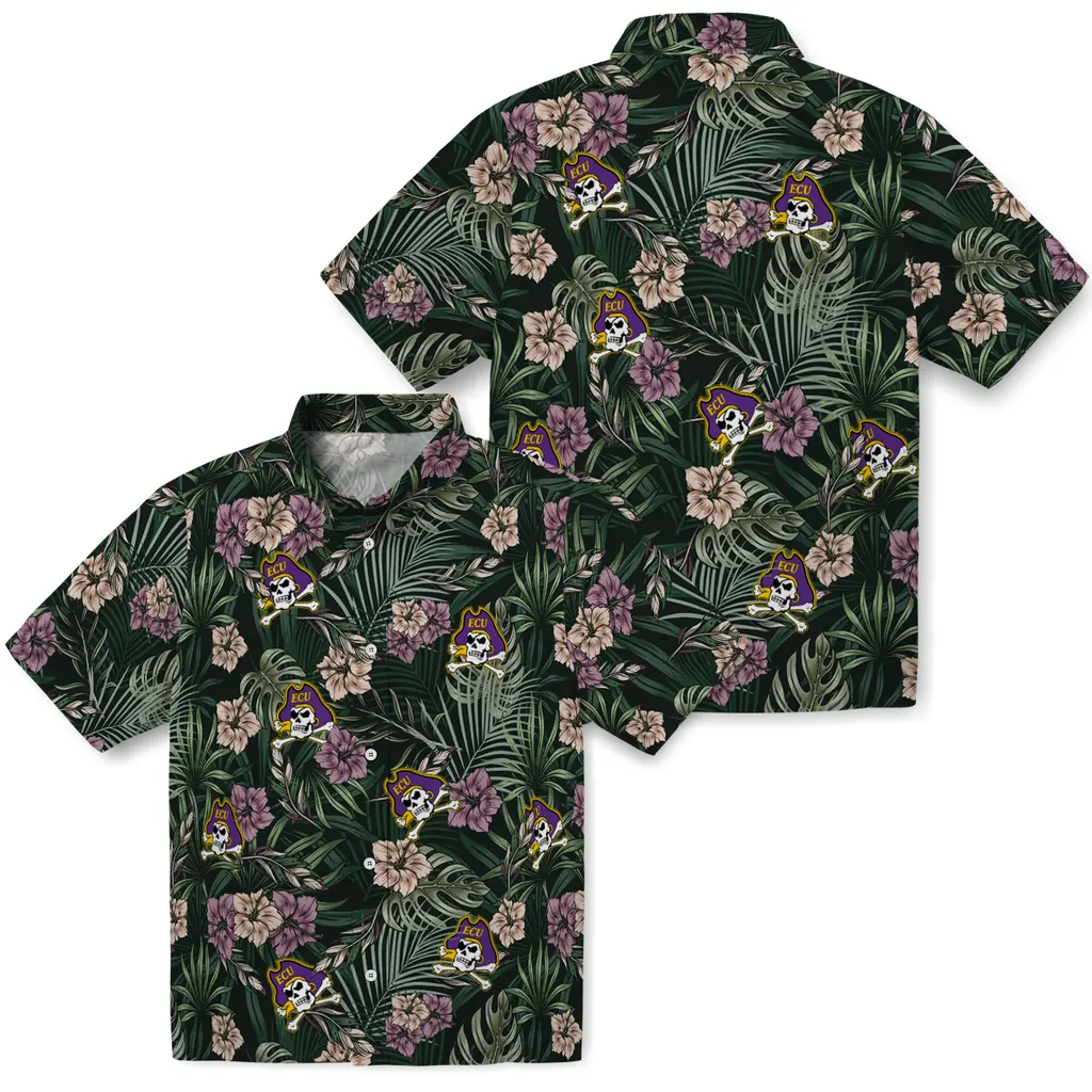 East Carolina Pirates Hawaiian Shirt - Hibiscus Leaves Pattern east carolina pirates hibiscus leaves pattern green hawaiian shirts high quality