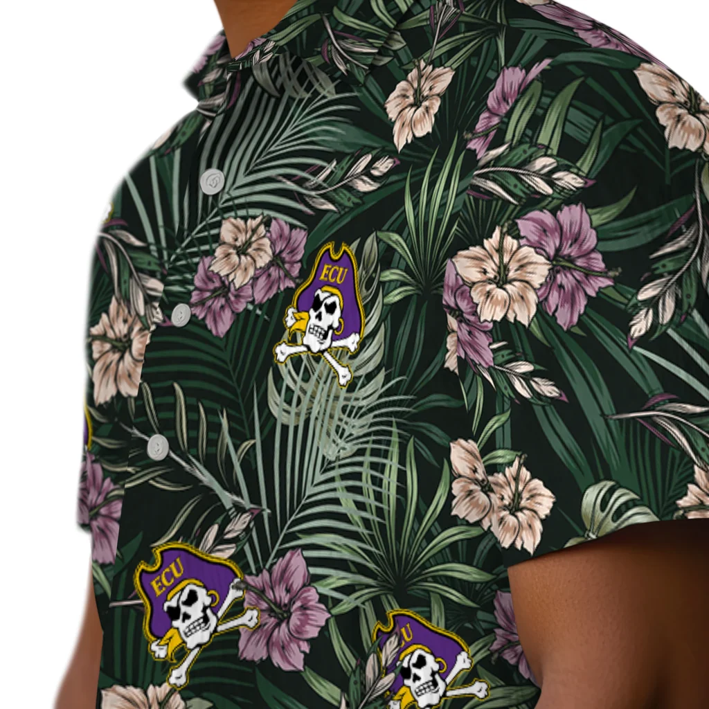 East Carolina Pirates Hawaiian Shirt - Hibiscus Leaves Pattern east carolina pirates hibiscus leaves pattern green hawaiian shirts trendy