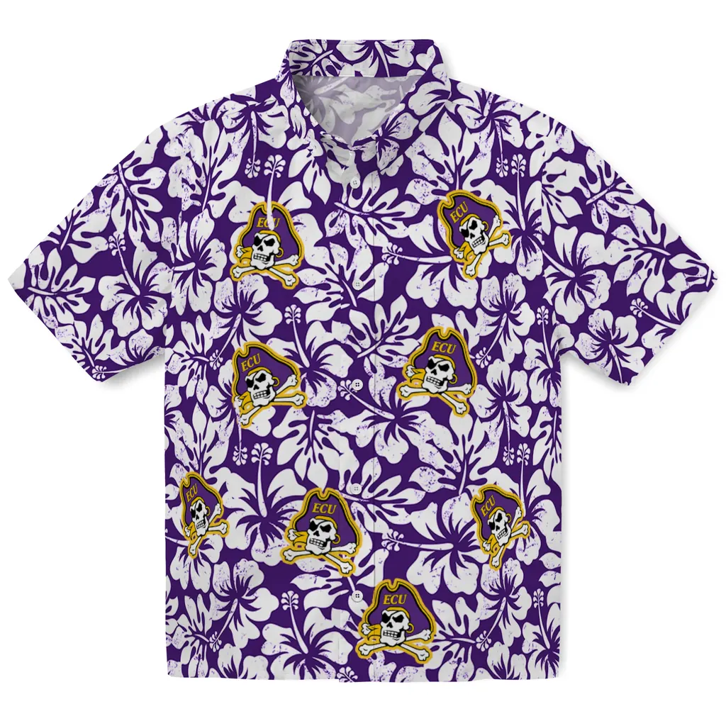 East Carolina Pirates Hawaiian Shirt - Hibiscus Motif east carolina pirates hibiscus motif purple white hawaiian shirts best selling