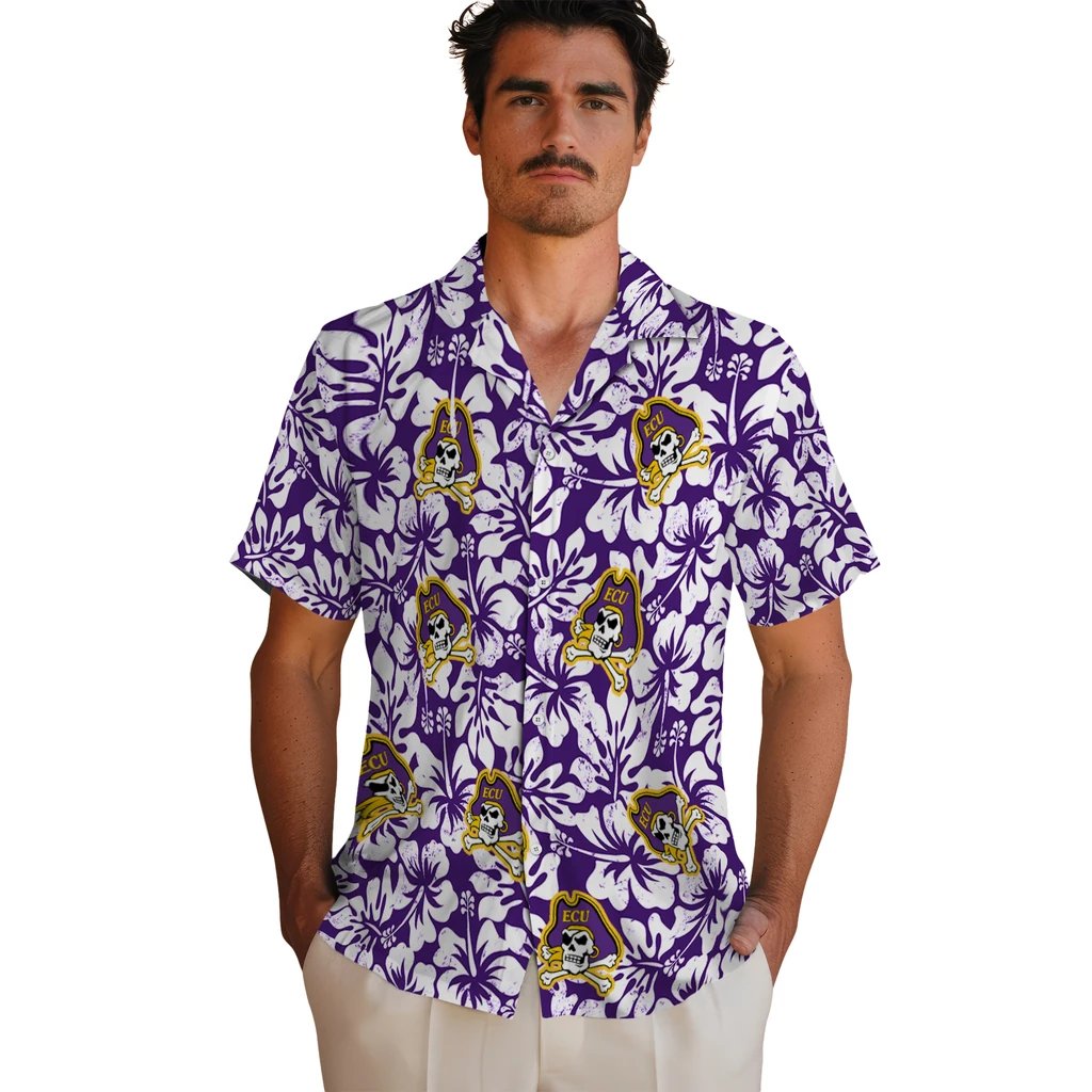 East Carolina Pirates Hawaiian Shirt - Hibiscus Motif east carolina pirates hibiscus motif purple white hawaiian shirts fashion forward