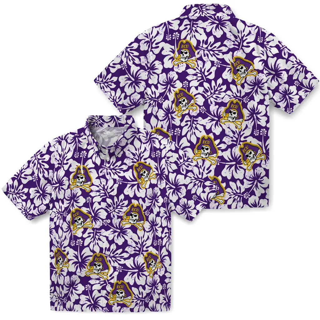 East Carolina Pirates Hawaiian Shirt - Hibiscus Motif east carolina pirates hibiscus motif purple white hawaiian shirts high quality