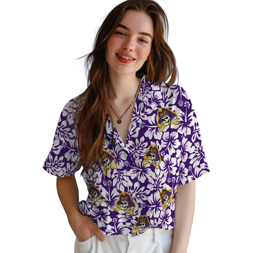 East Carolina Pirates Hawaiian Shirt - Hibiscus Motif east carolina pirates hibiscus motif purple white hawaiian shirts latest model