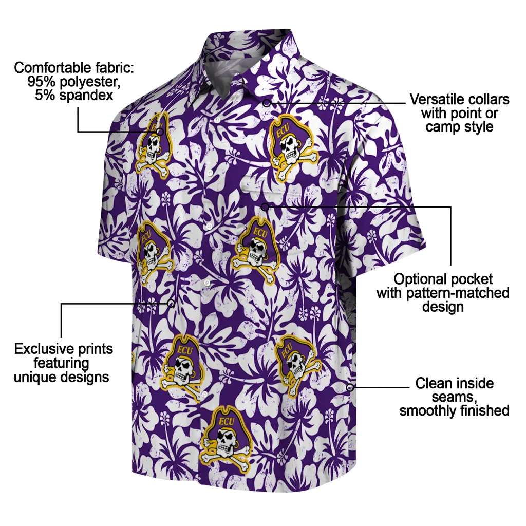 East Carolina Pirates Hawaiian Shirt - Hibiscus Motif east carolina pirates hibiscus motif purple white hawaiian shirts new arrival