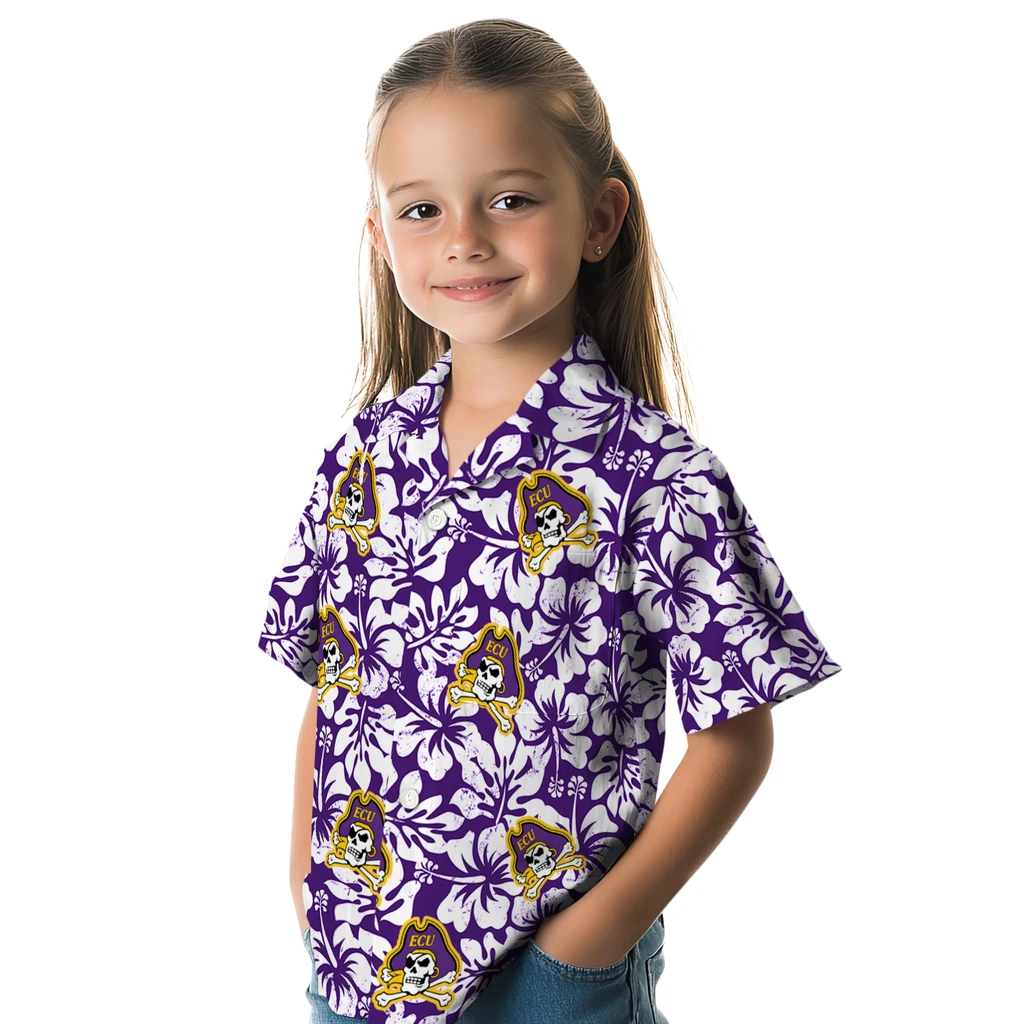East Carolina Pirates Hawaiian Shirt - Hibiscus Motif east carolina pirates hibiscus motif purple white hawaiian shirts premium grade