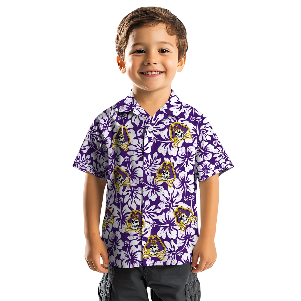 East Carolina Pirates Hawaiian Shirt - Hibiscus Motif east carolina pirates hibiscus motif purple white hawaiian shirts top rated
