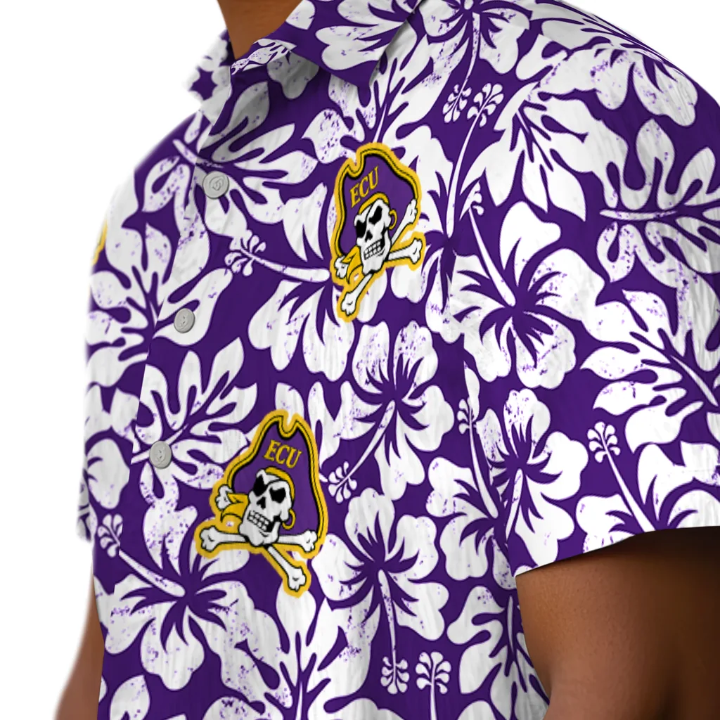 East Carolina Pirates Hawaiian Shirt - Hibiscus Motif east carolina pirates hibiscus motif purple white hawaiian shirts trendy