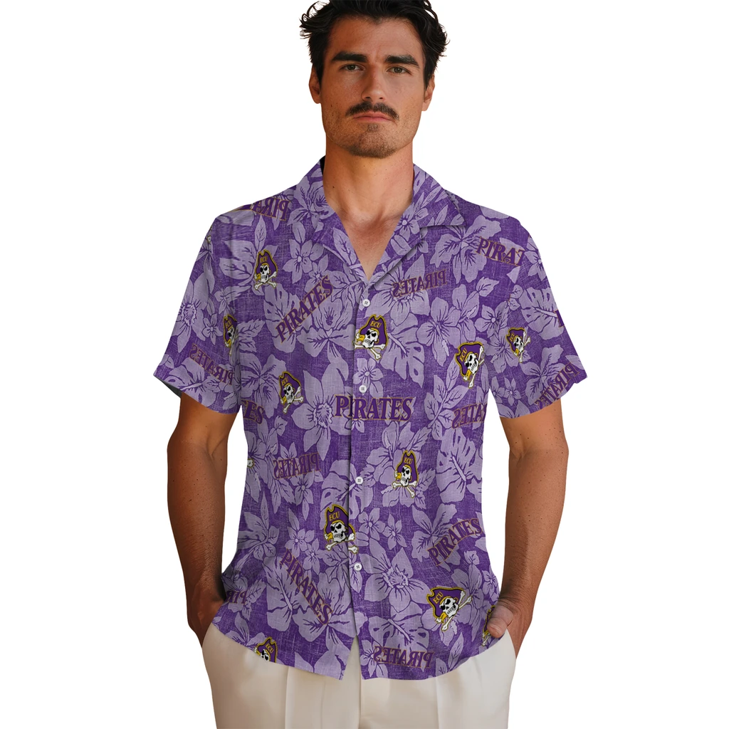 East Carolina Pirates Hawaiian Shirt - Hibiscus Oasis east carolina pirates hibiscus oasis purple hawaiian shirts fashion forward