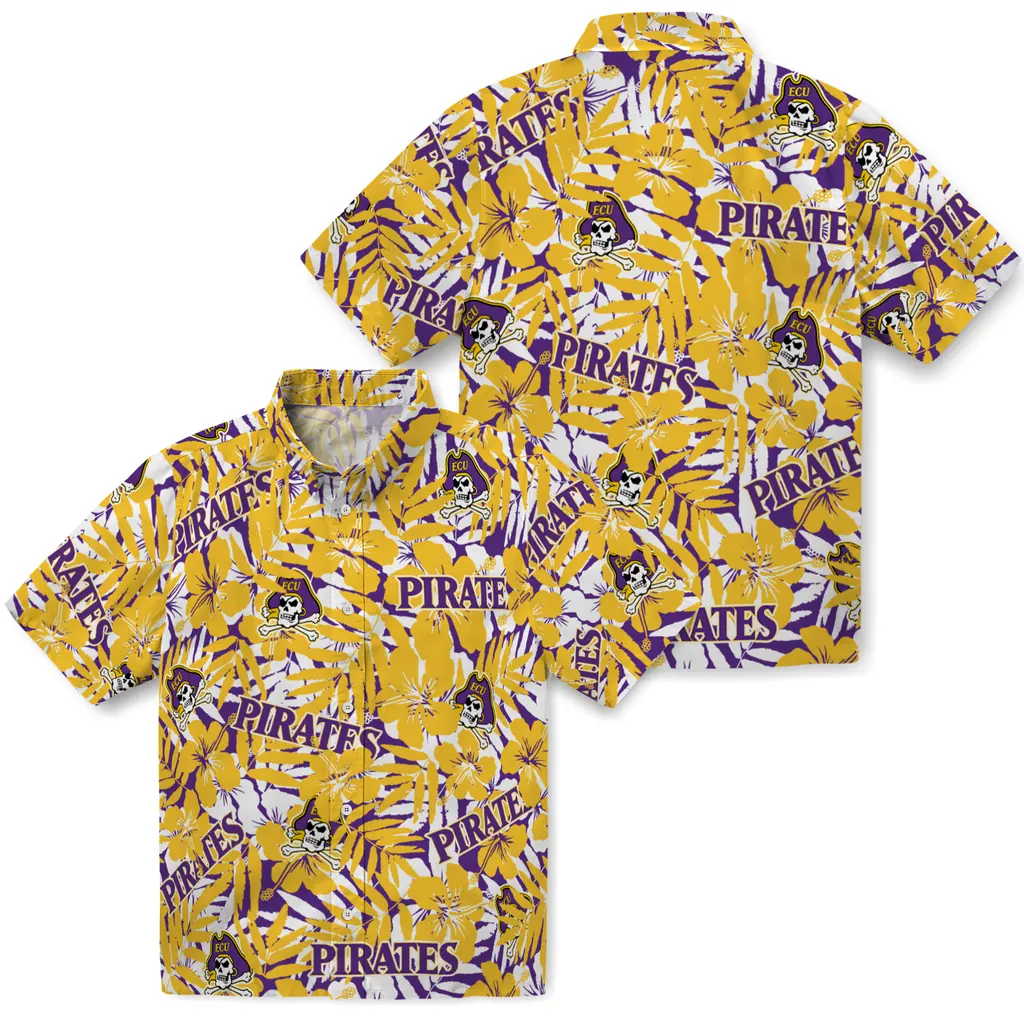 East Carolina Pirates Hawaiian Shirt - Hibiscus Overlay east carolina pirates hibiscus overlay hawaiian shirts high quality