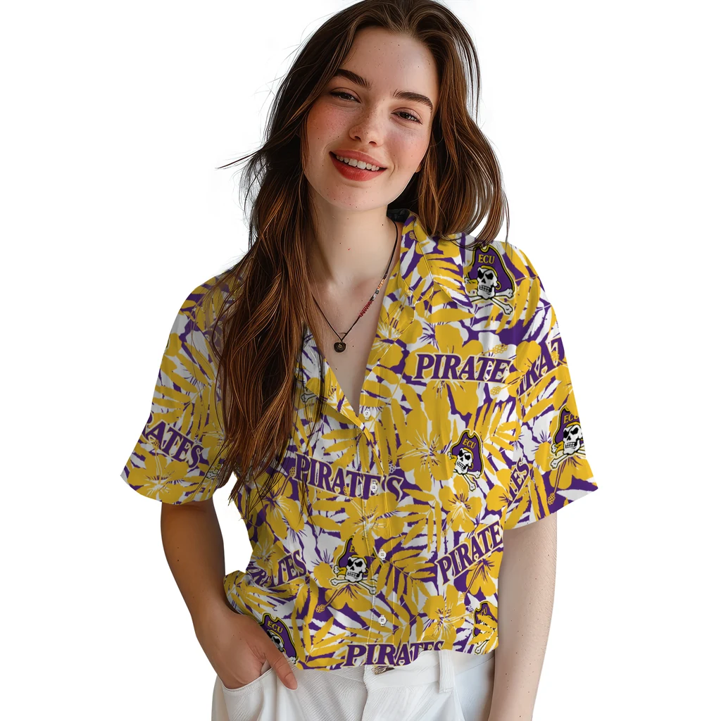 East Carolina Pirates Hawaiian Shirt - Hibiscus Overlay east carolina pirates hibiscus overlay hawaiian shirts latest model
