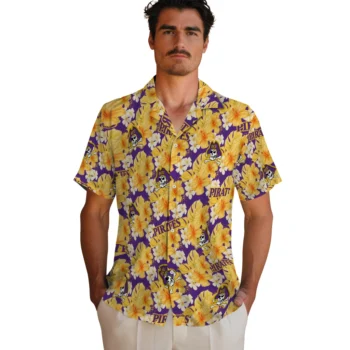 east carolina pirates hibiscus tropics purple yellow hawaiian shirts fashion forward