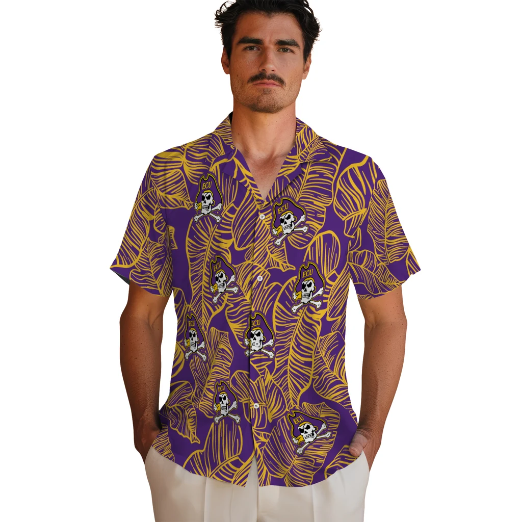 East Carolina Pirates Hawaiian Shirt - Leaf Outline east carolina pirates leaf outline purple hawaiian shirts fashion forward