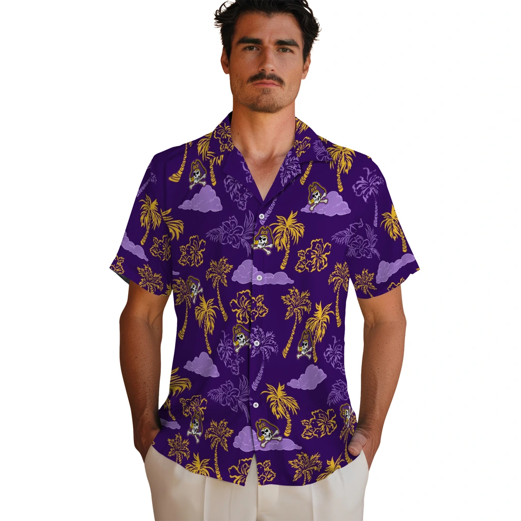 East Carolina Pirates Hawaiian Shirt - Palm And Clouds east carolina pirates palm and clouds purple hawaiian shirts fashion forward