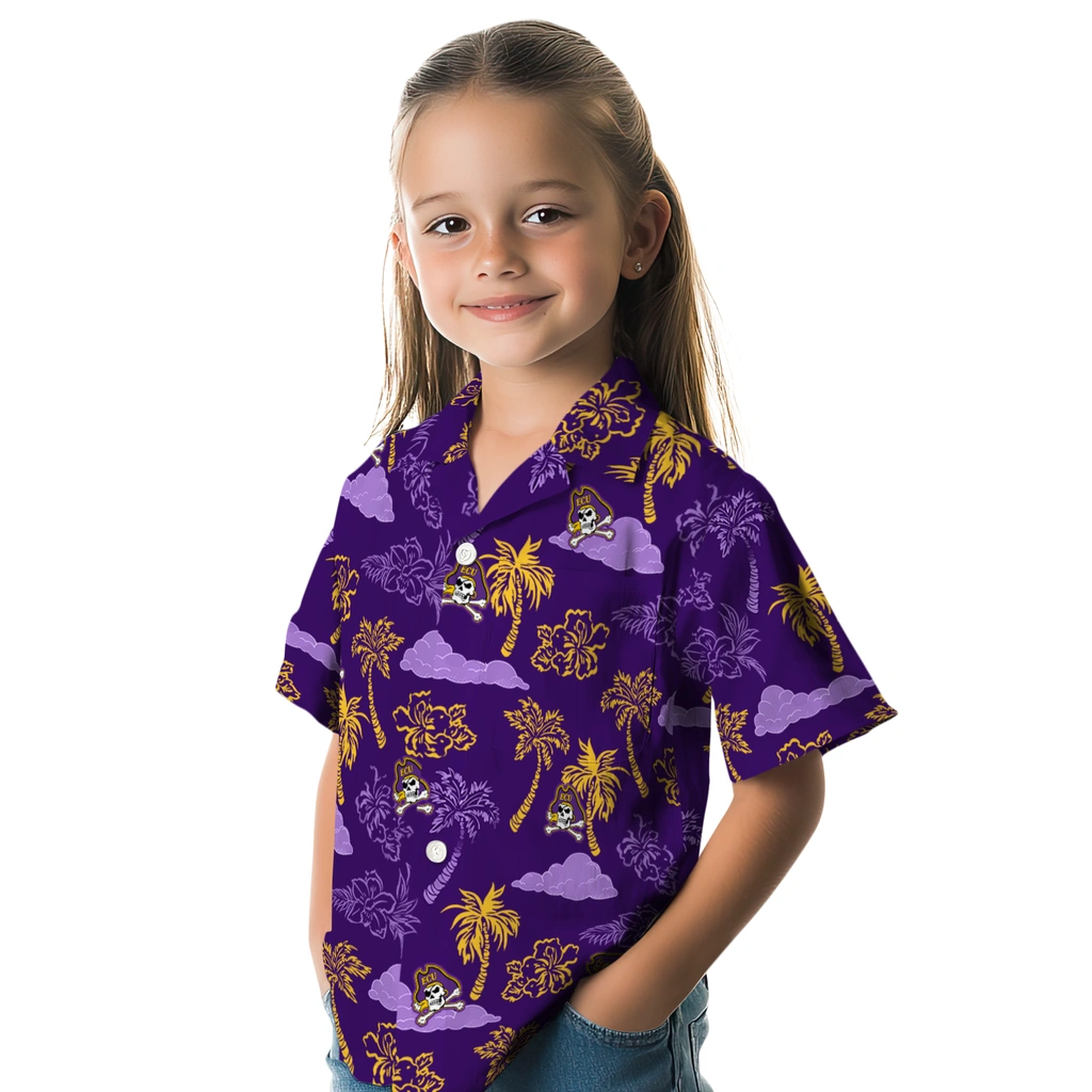 East Carolina Pirates Hawaiian Shirt - Palm And Clouds east carolina pirates palm and clouds purple hawaiian shirts premium grade