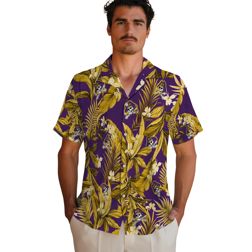 East Carolina Pirates Hawaiian Shirt - Palm Leaves east carolina pirates palm leaves purple hawaiian shirts fashion forward