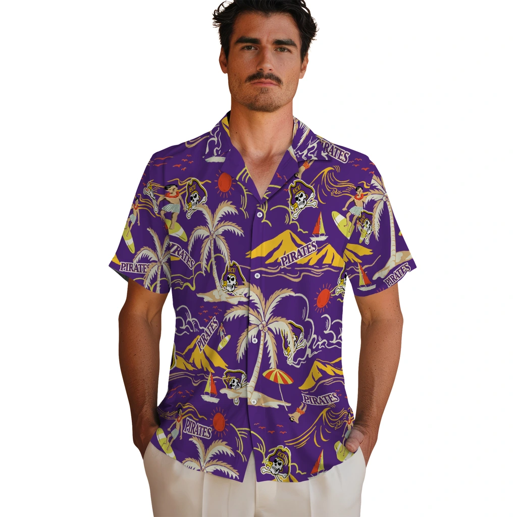 East Carolina Pirates Hawaiian Shirt - Palm Tree Island east carolina pirates palm tree island purple hawaiian shirts fashion forward