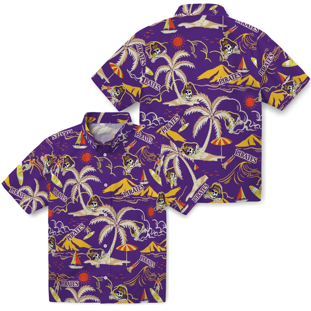 East Carolina Pirates Hawaiian Shirt - Palm Tree Island east carolina pirates palm tree island purple hawaiian shirts high quality
